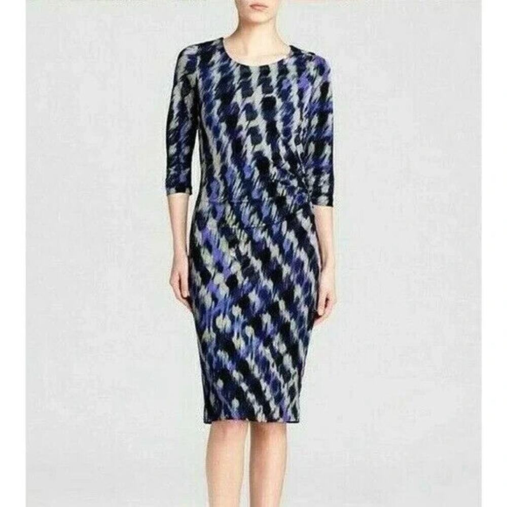 Boss Hugo Sheath Dress Scoop Neck Gathered Ruched Blue Black 3/4 Sleeve …